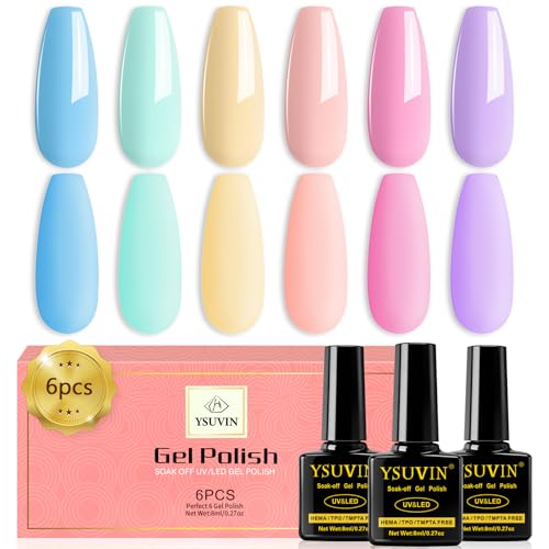YSUVIN UV Nagellack Pastell, 6 Farben Sommer Makronen Gel Nagellack Grün Blau Gelb Rosa Lila...
