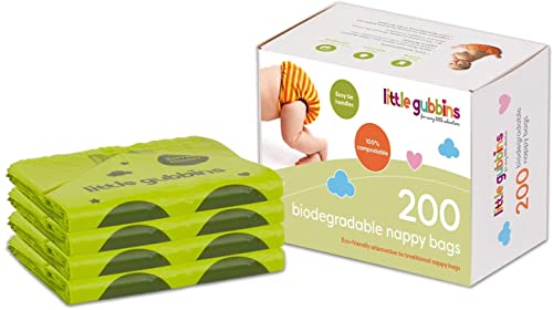 Little Gubbins 200 bolsas de pañales biodegradables | 100% compostables | Certificado EN13432 | a prueba de fugas con asas fáciles de atar