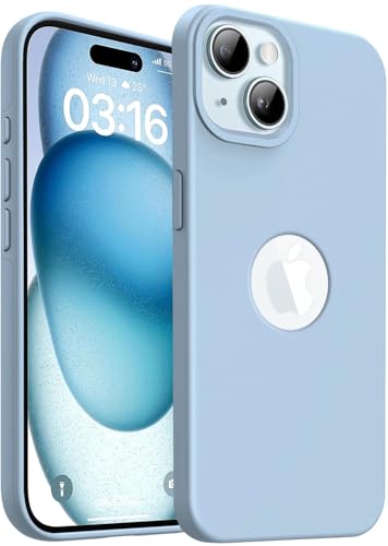 Image of Elzzi Microfiber Logo Cut Cover Compatible for iPhone 15 Case Liquid Silicone Cases Non-Slip Full Body 4 Layer Protective Covers Shockproof Back Cover (Sierra Blue)