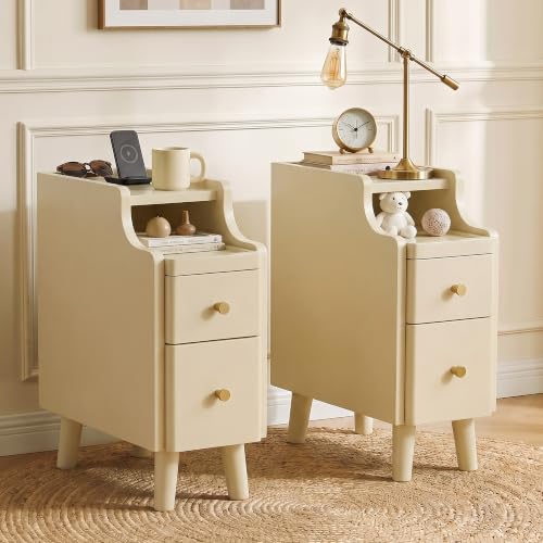 Image of Nightstand with Drawers Set 2, Pre-Assembled, 19.7 inch H Natural Solid Wood Night Stand with Open Sliding Shelf, Mid Century Modern Small Bedside Table Cabinet for Bedroom, Cream 8 inch