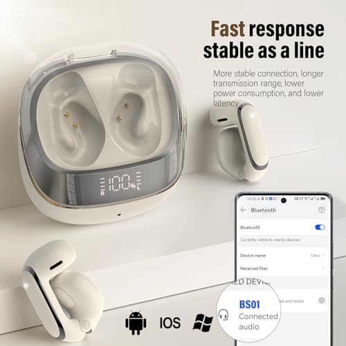 Image of Clip On Ear buds, Open Ear Headphones, Bluetooth 5.4 HiFi Stereo Clip Earbuds, 42H, LED Display Wireless EarBuds, Comfortable Lightweight, IP7 Waterproof Earphones, Earbud for Workout Running, White