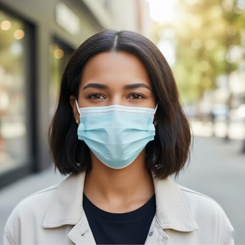 Image of Pack of 100 Disposable 3-Ply Face Mask | Soft on Skin | With Elastic Earloops and Nose Clip | Great For Office, School, Home, Kitchen and Outdoors | Unisex