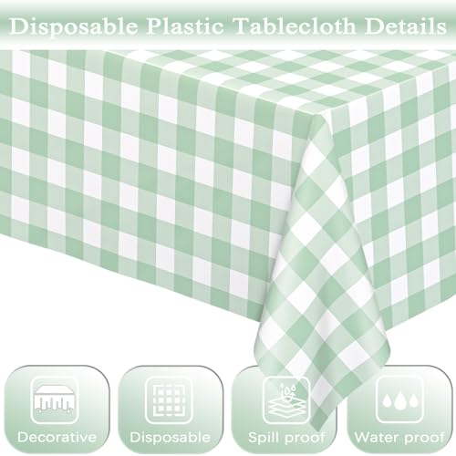 Image of WNINK 4 Pack Sage Green Checkered Rectangular Plastic Tablecloths, Green Gingham Waterproof Disposable Table Covers 54 inch x 108 inch for Birthday, Baby Shower, Wedding, Outdoor Picnic Parties