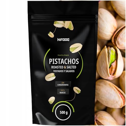 HiFOOD pistachos tostados y salados, con cáscara 500 g, crujientes, ideales para aperitivo y snack, sabor auténtico, textura natural