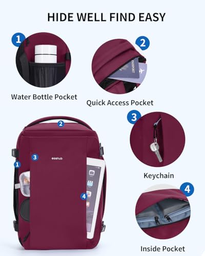Image of ECOHUB Travel Backpack for Women, Flight Approved Carry On Bag, 30L Personal Item for Weekend Getaways, Fits 17.3 inch Laptop, Red