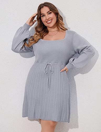 Image of Women's Plus Size Casual Sweater Dress Square Neck Long Lantern Sleeve Tie Waist Loose Pullover Sweater Dresses
