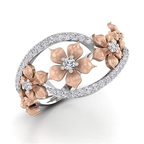 ASFKIPMF 3D Floral Ring 925 Silver Floral Ring Two Tone Rose Gold Flower Jewelry CZ Simulated Diamond Ring Rose Gold Ring Rose Flower Ring Love Bands Promise Ring for Women Teen Girl for Women L1/2