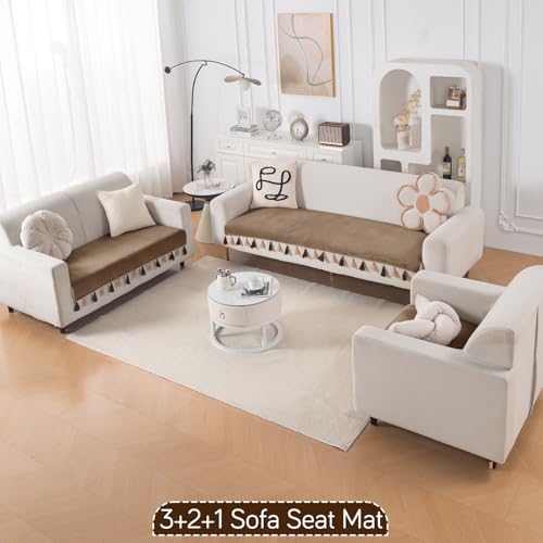 Image of HOKIPO 6 Seater Sofa Cover Mat with Tassel in 3+2+1 Configuration | Dyed Holland Velvet Fabric | 'TasselTone Series' | Warm Taupe (IN-1108+1106+1104-BRN)