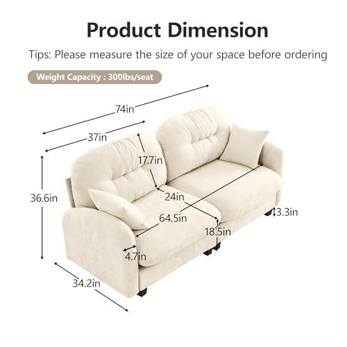 Image of KEIKI 74 inch Oversized Chenille Modular Sectional Loveseat Sofa with High-Density Foam Cushions and Tufted Pleated Cushion Backrest, Upholstered 2-Seater Cloud Couch with 2 Pillow, for Living Room, Beige