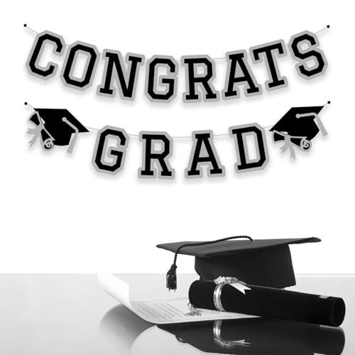 Image of Congrats Grad Banner Graduation Party Banner Decoration Hanging Garland High School College Backdrop Supplies Silver Grey