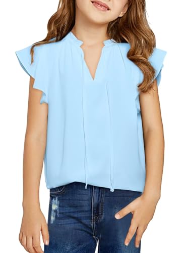Image of DOKOTOO KIDS Girls Short Sleeve Blouse Dress Shirt Top Size 7-15 Years Old | None Elastic Fabric, Ruffle V Neck, Pull on, Solid Collared Formal, Flowy Casual Flutter Spring Summer Western Top