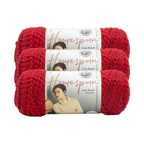 Image of Lion Brand Yarn Homespun Yarn, Soft Bulky Yarn for Knitting, Crocheting, and Crafting, 3 Pack, Candy Apple
