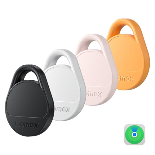 MOMAX Key Finder Luggage Tracker Smart Tag for Key, Backpack, Wallet, Pets Works with Apple Find My (iOS Only) and Global Search Range Include DIY Personalized Stickers, 4 Pack