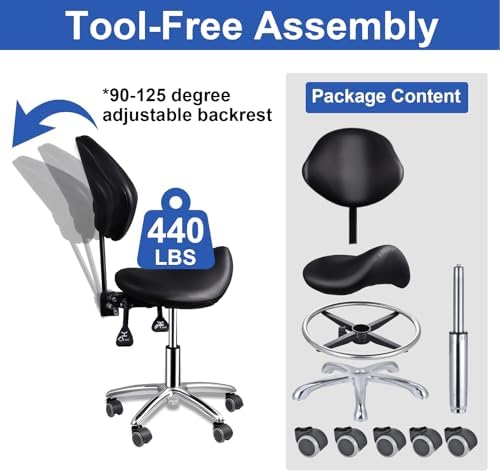 Ergonomic Saddle Stool Chair with Back Support & Footrest - Rolling Swivel Design for Dentists, Doctors, Salons, Heavy-Duty, 440lbs Capacity, Ultimate Comfort & Mobility
