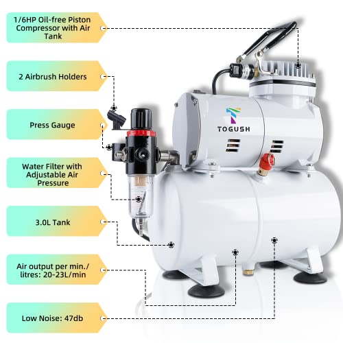 T TOGUSH Airbrush Kit with Air Compressor, 15 Color Airbush Paint, Gravity Airbrush And Siphon Airbrush, 1/6 HP Quiet Air Compressor with 3L Tank, Airbrush for Model Hobby Craft DIY Painting - Image 5