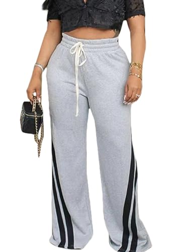 Voghtic Wide Leg Sweatpants Women Striped Drawstring Hight Waisted Loose Casual Pants Lounge Baggy Jogger Track Trousers Grey