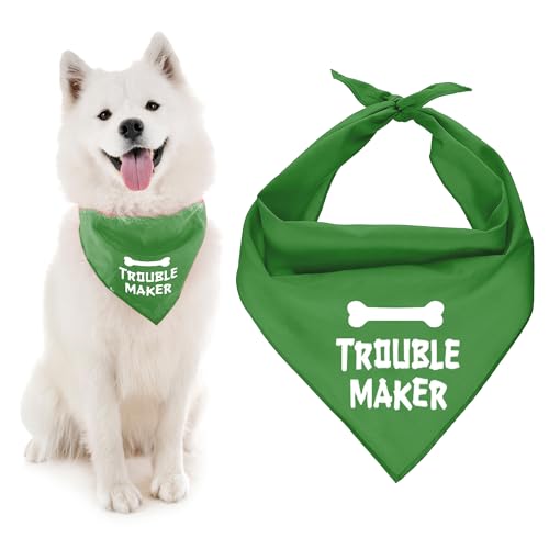 Parisian Pet Unisex Dog Bandana Funny with Printed 'Trouble Maker' Word - Tie-On Adjustable Polyester Dog Bandana Large Breed - Washable Triangle Bandana Bibs - Green Handkerchief for Pets - L