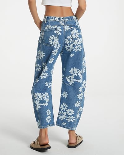 Kedera Women's Baggy Barrel Jeans Wide Leg Mid Rise Y2K Boyfriend Jeans Casual Floral Printed Ankle Denim Pants2