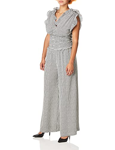 Max Studio Women's V-Neck Smocked Waist Jumpsuit, Cream/Black Stripe Dash, Small #TOP3
