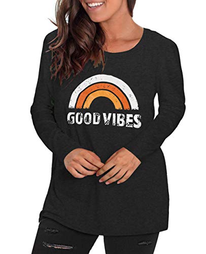 Plus Size Good Vibes Shirt Womens Long Sleeve Tshirt Graphic Tees Rainbow Tunic Tops