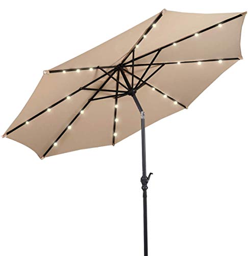 RELAX4LIFE Sonnenschirm Ø3M, Gartenschirm mit LED, Marktschirm Sechseck, Terrassenschirm mit Kurbelmechanismus, Kurbelschirm UV-beständig und Wasserabweisend, Ampelschirm Metallstruktur (Beige)