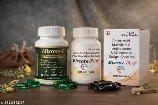 Image of Mixcare Health Supplement Combo Pack - Mixcare-E Advanced Antioxidant Softgel Capsules with Vitamin E, Omega-3, Evening Primrose & Wheat Germ Oil + Mixcare Plus Multivitamin Antioxidant Capsules for Energy, Immunity, Skin, Hair Support (30+30 Softgels)