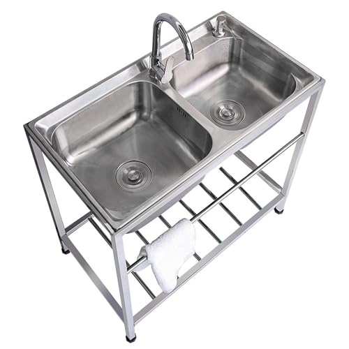 ダブルボウルキッチン水槽、商用304ステンレス2つの間仕切り、独立式実用水槽、屋外室内車庫キッチンランドリールームに適用