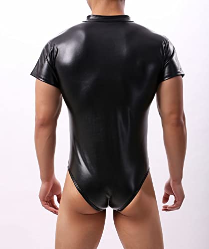 DingMi Men's Zipper Leather Bodysuit Leotard Jockstrap Wrestling Singlet One-piece Short-sleeved Wetlook2