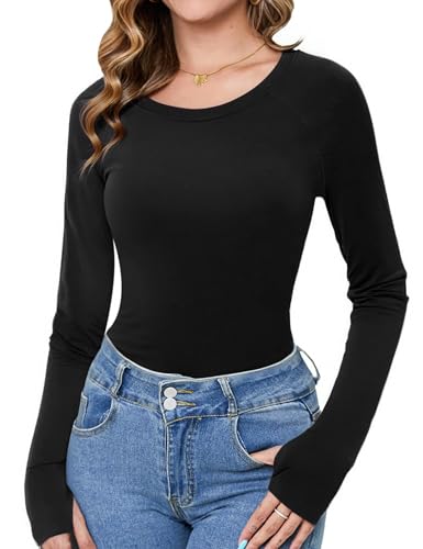 Crewhpo Tee Shirt Manche Longue Femme T-Shirt à Col Rond Chic Élégant Hauts Couleur Unie Top Coupe Lâche sous Pull Basique avec Trous pour Les Pouces pour...