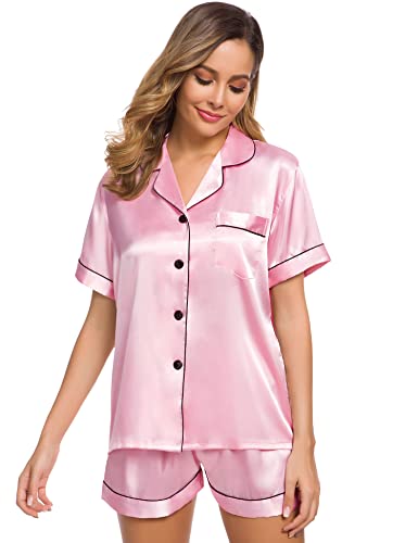 Image of SWOMOG Womens Silk Satin Pajamas Set Two-piece Pj Sets Sleepwear Loungewear Button-Down Pj Sets Rose Pink