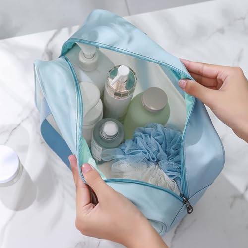 Image of KASHIVAL 3-Piece Clear Travel Toiletry Bags Set, Waterproof Transparent Makeup Organizer Pouches with Zipper, Large Medium Small Cosmetic Storage Cases with Carrying Handle (Blue)