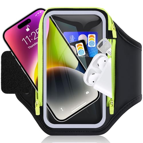 Razobws Running Phone Holder with Foldable Elastic Strap Phone Armband for Running with Earphone Bag 6.9 Running Accessories for iPhone 17 16 15 14 13 Galaxy S26 S25 Arm Band with Key Bag (Black)