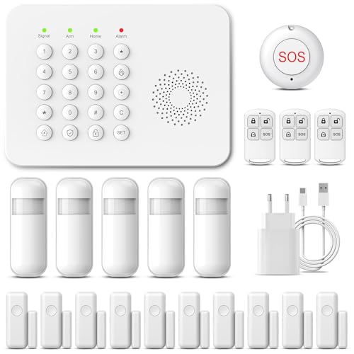 XNY A02 4G Funk Alarmanlage Haus Set, Kabellos, WLAN Alarmanlage Wohnung mit APP, 24 Stück: Bewegungsmelder, Tür Fenster Sensoren, Fernbedienungen, Sirene, Kompatibel mit Alexa und Google Assistant