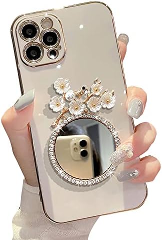 Casechics Compatible with iPhone Case,Glitter Diamond Mirror Makeup Bling Flower Floral Electroplated Bumper Camera Lens Protection Soft Shockproof Cover Phone Case (White,iPhone 13 Pro)