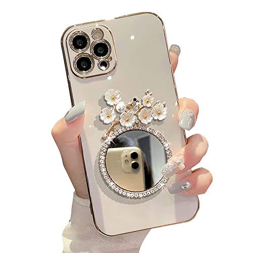 Casechics Compatible With Iphone Case,Glitter Diamond Mirror Makeup Bling Flower Floral Electroplated Bumper Camera Lens Protection Soft Shockproof Cover Phone Case (White,Iphone 13 Pro) #TOP2