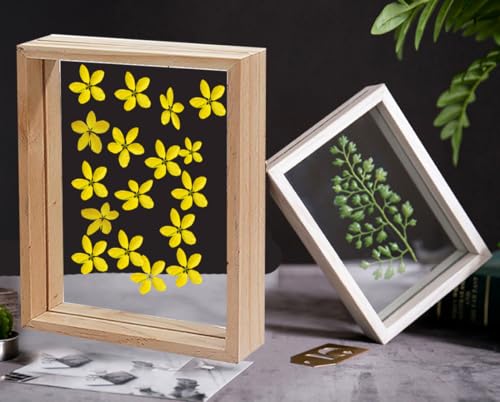 Image of Desi Rang Wooden Rectangular Frame For Wall Decor Table Top Hanging Any Green Or Dry Plant Leaf Picture Photo DIY Gift Home Decoration (Natural,Rec,8X12 Inch,With Yellow Flower)