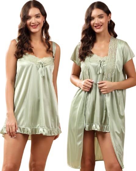 Image of Women 2 Pieces Bridal Light Green Satin lace Self Design Night Wear Lingerie Babydoll Set Satin Short Nighty with Lace & Robe
