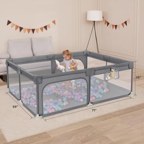 Image of Dripex Baby Playpen, 71 inchx59 inch Large Play Pen for Babies, Light Grey | Included Portable Bag / Pull up Rings, Breathable Visible Mesh, Anti-Fall Design, Easy Setup, Indoor /Outdoor Use