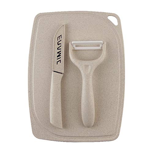 Rozcels Ceramic Fruit Knife Peeler Set - Paring Knife with Cover, Peeler and Wheat Straw Cutting Board for Fruit and Vegetables