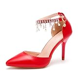 ♡ Tipo de tacón: Stiletto. Zapatos De Boda Para Mujer, Sandalias De Tacón De Aguja Puntiagudo Con Flecos De 9 Cm, Zapatos De Novia, Vestido De Noche De Fiesta De Boda Puesta En Escena Zapatos De Trabajo,Rojo,34 EU