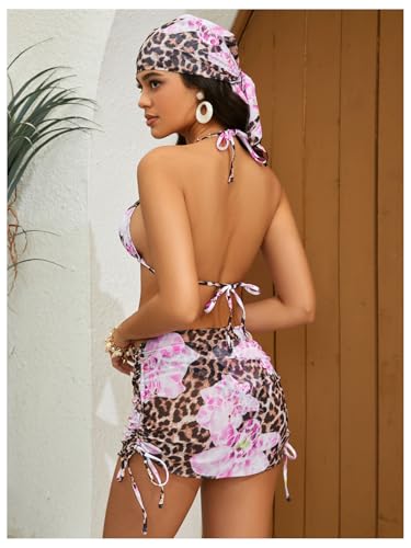 Image of Women's 4 Piece Polka Dots Bathing Suits Cover Up Skirt & Bandana | Halter Bikini Sets, Sexy Bathing Suit, Beach Skirt, Leopard, Paisley, Tropical, Summer