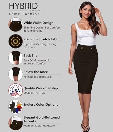Image of Hybrid & Company Womens Pencil Skirt Premium Nylon Ponte Stretch Office Made in The USA Below Knee