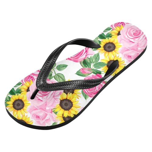 Rose Sunflowers White Flip Flops for Beach Thong Sandals Anti-slip Lightweight Shower Shoes for Summer Outdoor Travel2