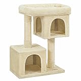 FEANDREA Kratzbaum mit großer Plattform und 2 Plüschhöhlen, 84 cm hoch, Spielhaus, Kletterbaum für Katzen, beige PCT61M