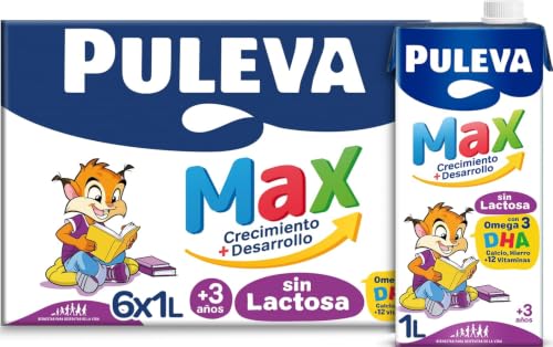 Puleva Max Sin Lactosa Leche De Crecimiento Y Desarrollo +3 Años Pack 6x 1l | Preparado lácteo sin lactosa de crecimiento y desarrollo infantil, +3 años. Fácil digestión. Pack 6 briks de 1 litro.