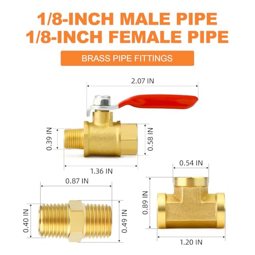 Image of GASHER 6PCS 1 /8 Inch NPT Brass Pipe Fitting, Ball Valve, Barstock Tee Brass Pipe Fitting and Air Hose Fitings