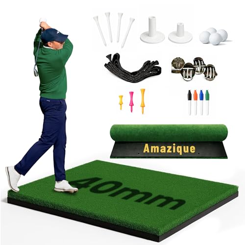 Amazique 5×4 Golf Hitting Mat - 40mm Ultra- Thick Turf | PGA Pro Trusted Indoor/Outdoor Practice Mat with Training Kit for Hitting, Driving, Chipping, Swinging