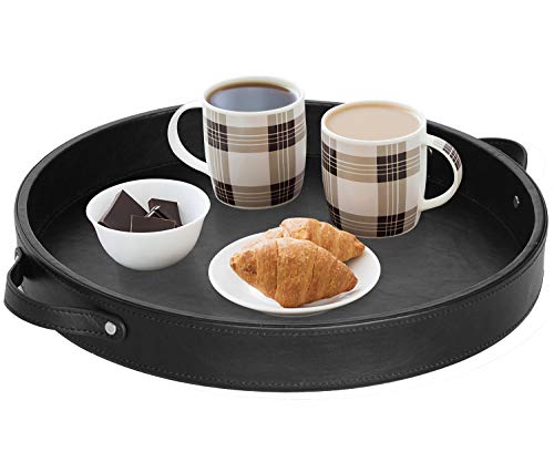 Best Round Black Tray for Coffee Table: Stylish & Functional Décor Picks 4 HofferRuffer PU Leather Round Serving Tray with Handles, Decorative Catchall Vanity Coffee Tray, Faux Leather Ottoman Tray for Home Or Office, Diameter 14.6-inch (Black)