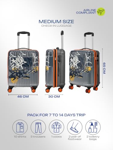 Image of Safari Scrib Medium 8 Wheels 66cm Check-in Trolley Bag Hard Case Polycarbonate 360 Degree Wheeling System Luggage, Trolley Bags for Travel, Suitcase for Travel, Grey Printed