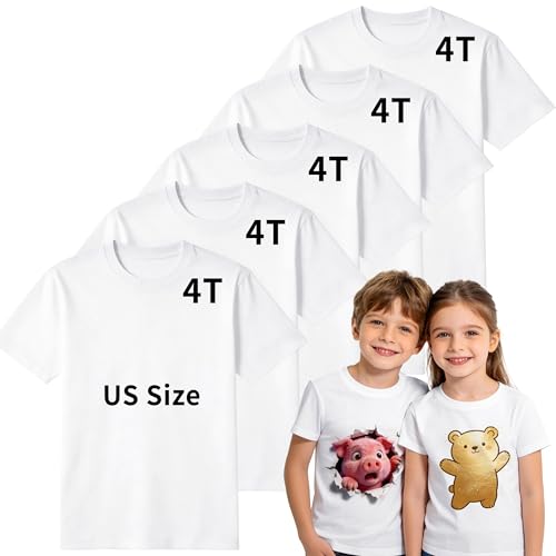 Joyclub 5 PCS Toddler Sublimation Blank T Shirts White Polyester Crew Neck Short Sleeve for Heat Transfer DTF Age 2T-5T White 4t